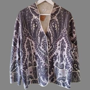 Gray and Cream Cardigan with Ornate Pattern